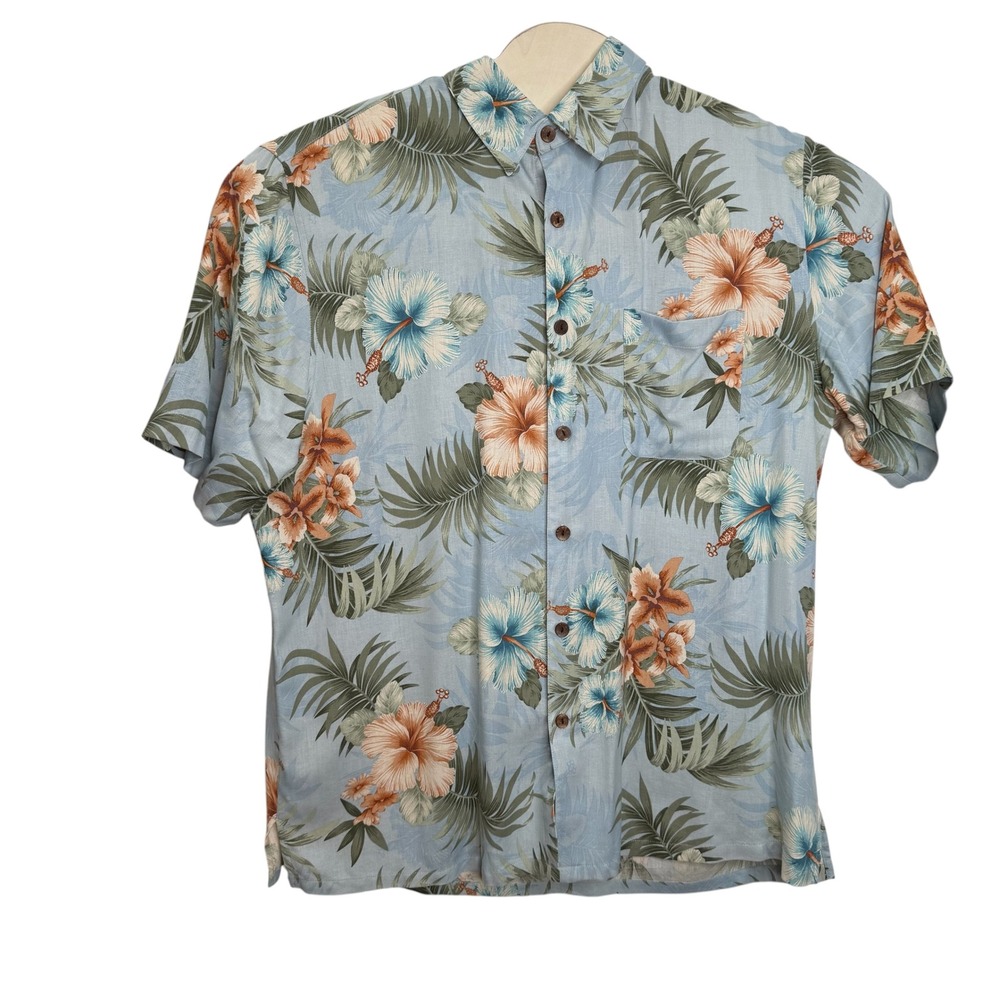 Boca Classics Islandwear Mens XL Silk Hawaiian Shirt Blue Floral Hibiscus